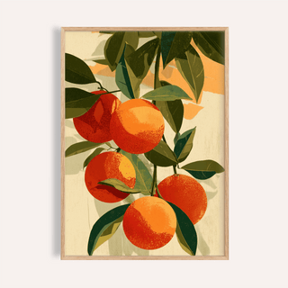 Fruit Art Print of an orange fruit branch with green leaves in an illustration style