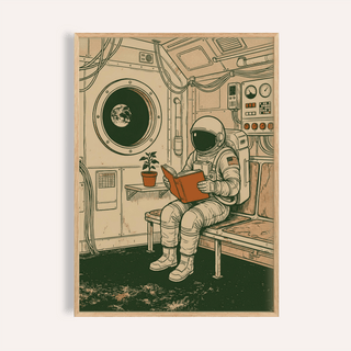 Framed print of an astronaut reading a book with earthy colours and a potted plant