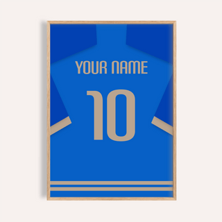 Framed Football Shirt Poster in Blue with Beige Number showing the back of a blue shirt with beige number 10 and text