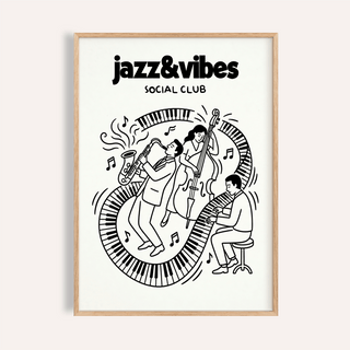 Framed close-up of jazz music wall art with a black and white minimalist line-art jazz band