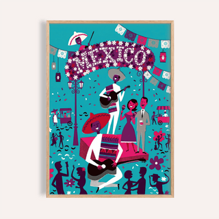 Mexican Fiesta wall art with turquoise background and folk-art style musicians on a stage