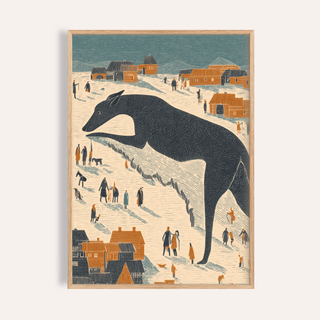 Framed print with whimsical dog art showing a giant black dog in folk-art style with orange and blue houses