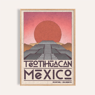 Framed Teotihuacan wall art of a pyramid with a large red sun and purple text