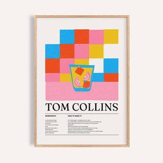 Framed close-up of Colorful Bar Prints showing a Tom Collins cocktail illustration with colourful blocks