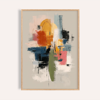 Framed colorful textured print showing abstract shapes in orange yellow green and blue on a light background