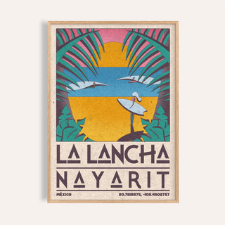 Framed close-up of Surfer Beach Art Print with retro style and vibrant sunset colours