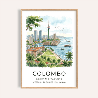 Framed Colombo Skyline art print of a watercolour cityscape with buildings and sea