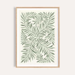 Framed print of green watercolour botanical leaves on cream background