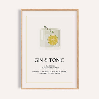 Framed gin and tonic wall art with a minimalist glass and lime illustration on a pale background