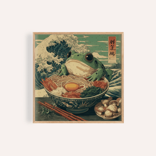 Frog Ramen Art of a frog with a ramen bowl in Japanese ink style with green and beige tones