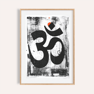 Framed Abstract Om Art Print in black white and orange with a minimalist style