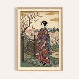 Framed Floral Kimono wall art of a maiko in a purple kimono and cherry blossoms