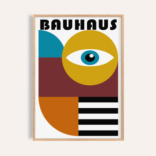 Retro wall art of a stylized eye with geometric shapes in blue, brown, mustard and black