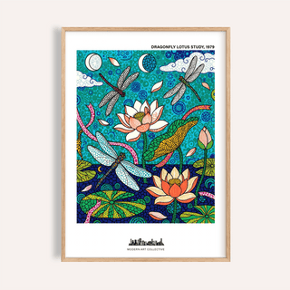 Framed close-up of Dragonfly Lotus Art Print with blue green background and lotus flowers