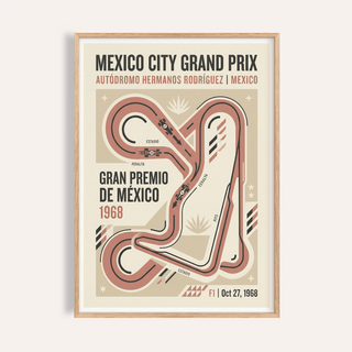 Framed print close-up of Vintage Race Circuit Map Poster in muted beige and terracotta tones with race track and text