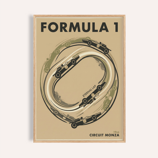 Italian Race Circuit Poster showing oval track diagram with stylized race cars on beige background