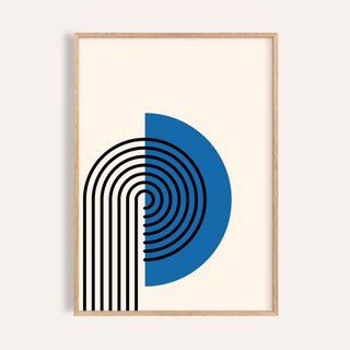 Abstract Arch Print framed close-up of minimalist blue and black arch shapes on cream background
