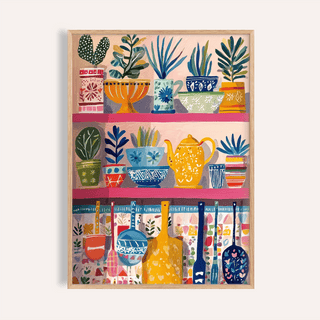 Boho Kitchen Print of colourful kitchen shelves with plants and utensils in an illustration style