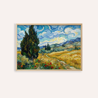 Framed nature poster with a field of gold and green cypress trees under a swirling blue sky