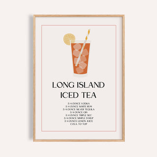 Framed Bar Sign Decor of a Long Island Iced Tea cocktail illustration with text and ice cubes