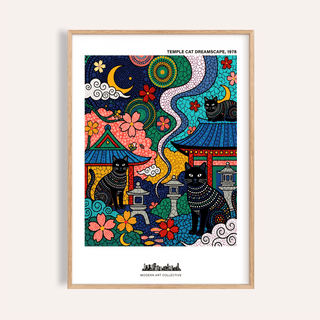 Close-up of Japanese Cat Wall Art showing black temple cats and vibrant folk-art colours