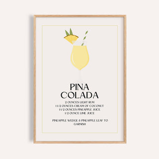 Wall Pictures for Kitchen framed print of minimalist pina colada cocktail illustration with recipe text