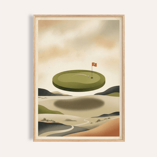 Abstract Golf wall art of a floating green with flag seven in muted earth tones