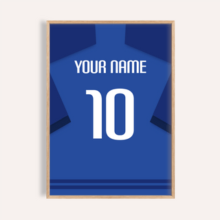 Framed football shirt poster in blue with dark blue sleeves and white number close-up