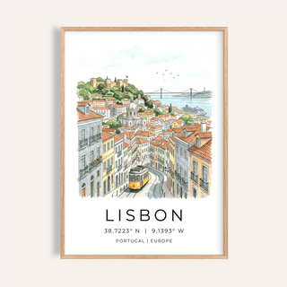 Framed Lisbon City Art Print of Lisbon cityscape with yellow tram and watercolour style