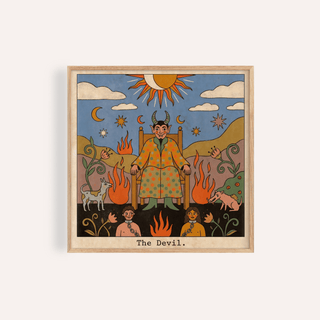 Framed print close-up of Tarot Card Devil Art with folk-art devil on throne in muted colours