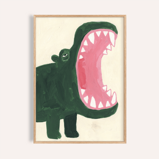 Framed print of a roaring hippopotamus illustration in green and pink on a light background