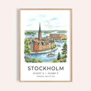 Framed Stockholm City Art Print with colourful watercolour cityscape and river view