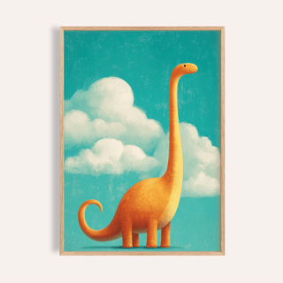 Nursery Room Poster of a smiling orange brontosaurus on a blue sky background