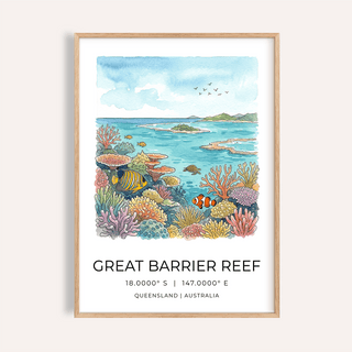 Framed Great Barrier Reef art print showing colourful coral reef and fish in watercolour style