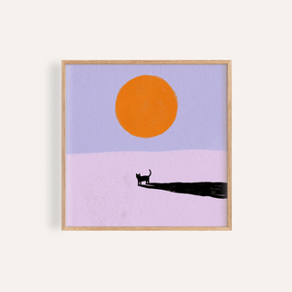Framed minimalist cat art print with black cat silhouette and orange sun on pastel background