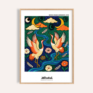 Framed Colorful Crane Poster featuring two dancing cranes in folk-art style with bold colours