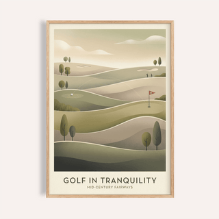 Framed print close-up of mid-century golf art with green and beige hills and a red flag