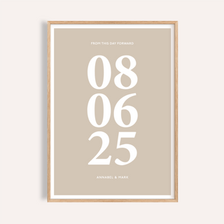 Framed Anniversary Date Print with large white numbers on a beige background in a minimalist style