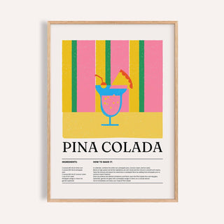 Close-up of wall art for kitchen with minimalist piña colada cocktail and bold yellow pink stripes
