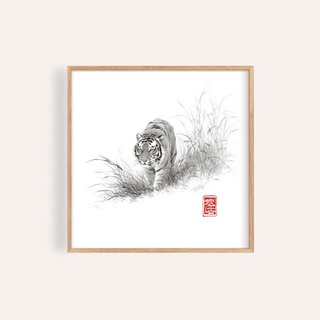 Framed Tiger Ink Painting of walking tiger in minimalist black and grey Japanese ink style