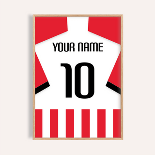 Framed print close-up of football shirt poster in red and white stripes with black number and text