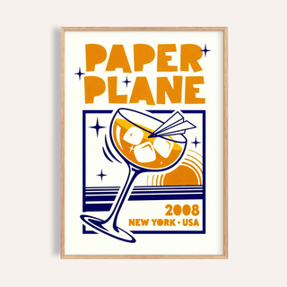Framed Paper Plane Cocktail Poster with retro illustration style in orange and blue