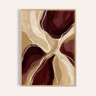 Framed Organic Abstract Art Print with brown and cream flowing shapes on a pale background