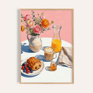 Breakfast Wall Art of an illustrated breakfast table with a croissant and orange juice on a pink background