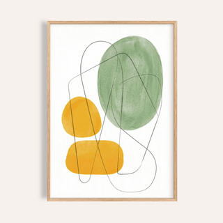 Framed Yellow And Green Print with abstract organic shapes in minimalist style