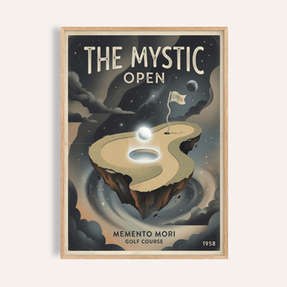 Memento Mori Golf Course Art Print showing a floating golf green with a flag and glowing golf ball in retro surreal style