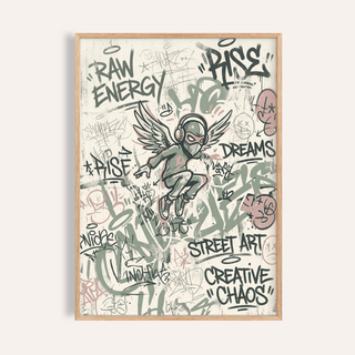 Street Art Poster of winged figure with headphones with typographic graffiti in pale colours