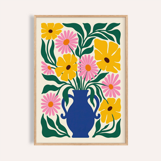 Floral Vase Art Print close-up of a blue vase with pink and yellow flowers in minimalist style