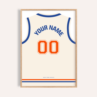 Framed basketball jersey poster in cream with an orange number and blue text