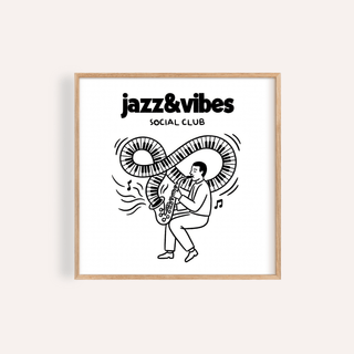 Framed Jazz Social Club Art Print line-art of man playing saxophone with piano keys swirl